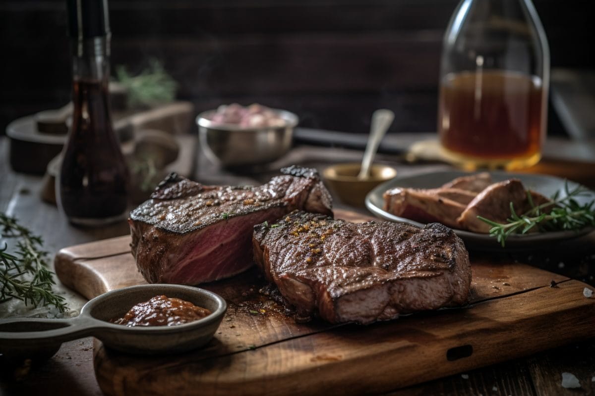 Rib Eye and New York Strip on a wooden board with sauces