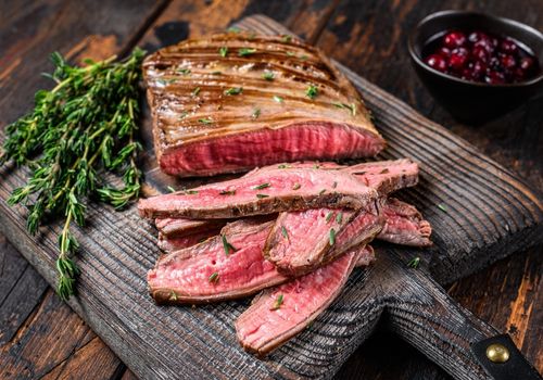 Slices of Flank Steak on Wooden Cutting Board
