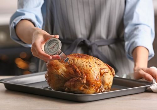 Woman Measuring Temperature of Whole Roasted Turkey