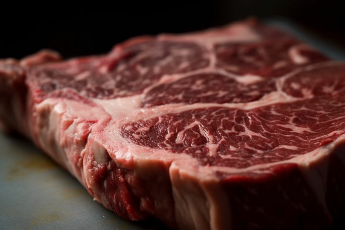 close up of a steak with brown spots