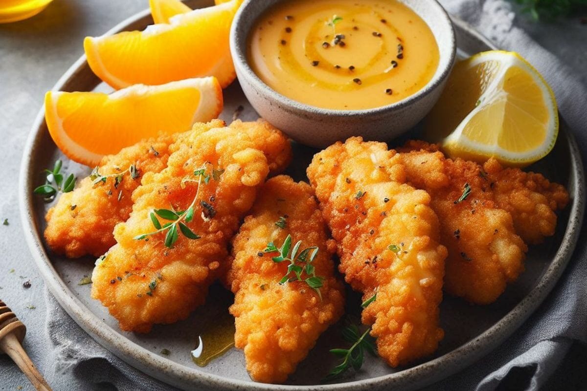 Fried Chicken Tenders with Honey Mustard Dip and Oranges