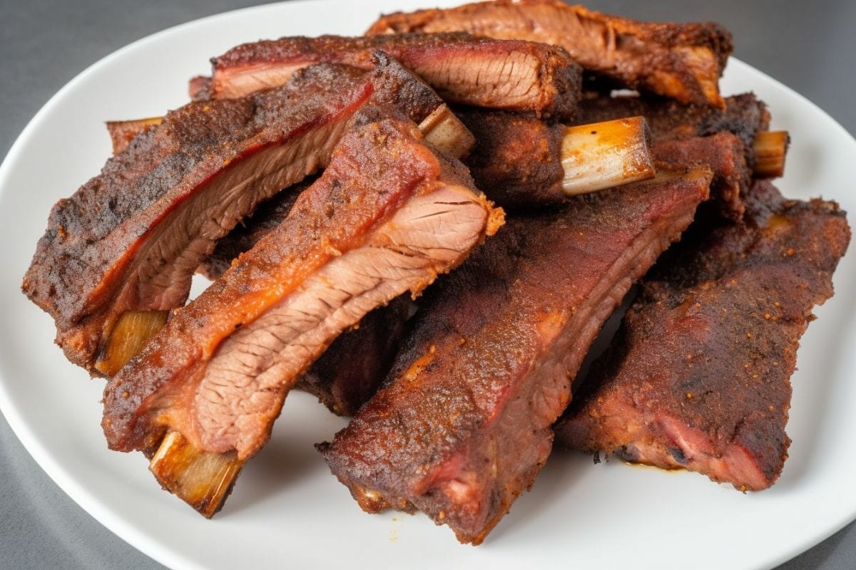 white ceramic plate with bbq ribs