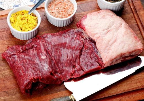 Raw Flank Steak with Salt and Spices