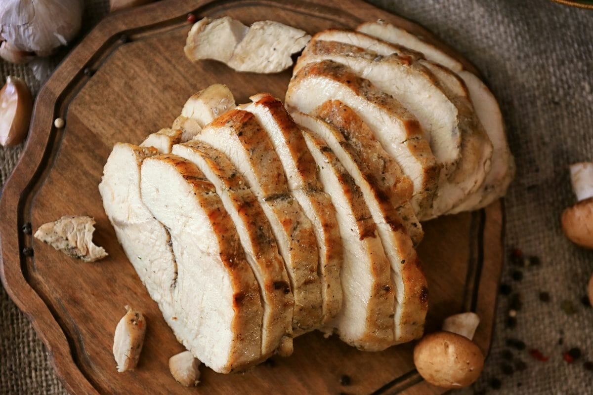 Wooden Board With Slices of Turkey Breast
