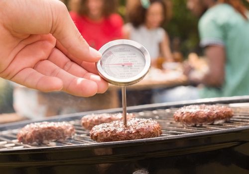 Person Using Meat Thermometer While Barbecuing Meat