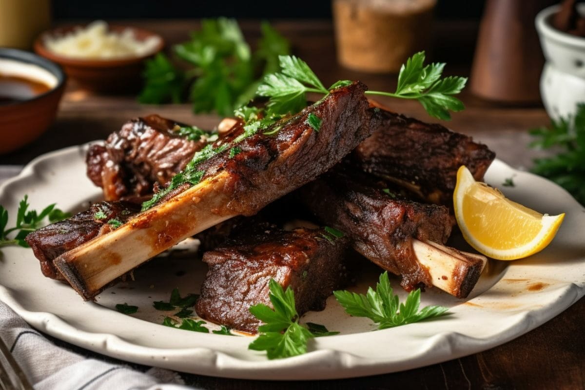 beef ribs plated with herbs and lemon