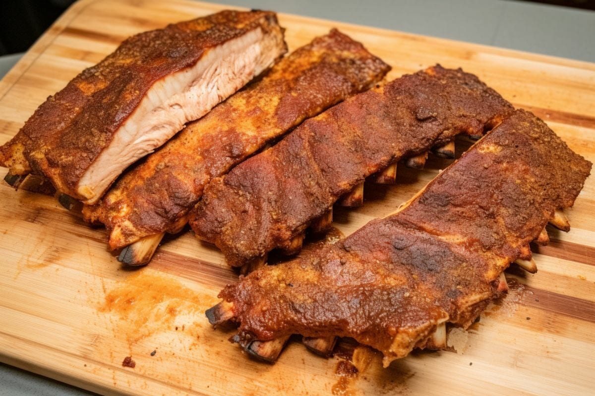 smoked pork ribs on a wooden cutting board