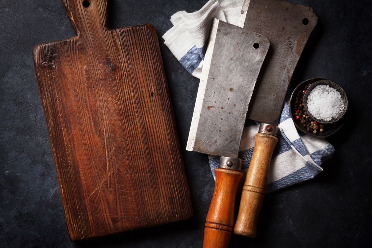 Two Cleaver Knives with a Cutting Board, and Salt & Pepper