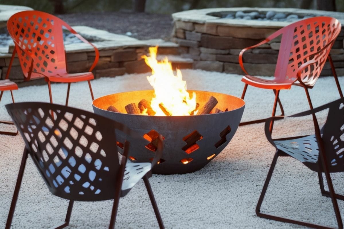 Black and Red Steel Adirondack Chairs with Flaming Fire Pit