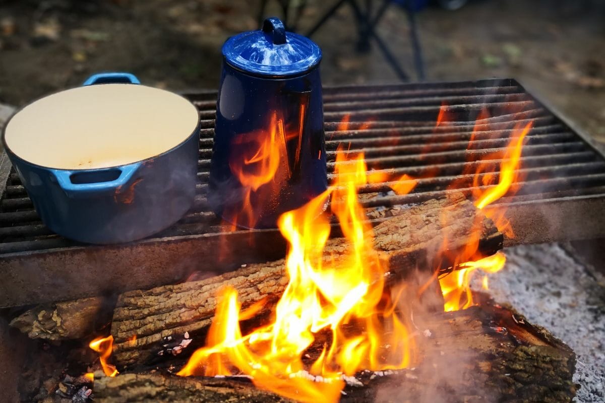 Brewing Coffee and Hot Apple Cider in a Campfire