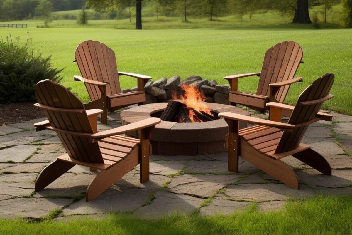 Wooden Fire Pit Chairs with Burning Fire Pit on Grass Lawn
