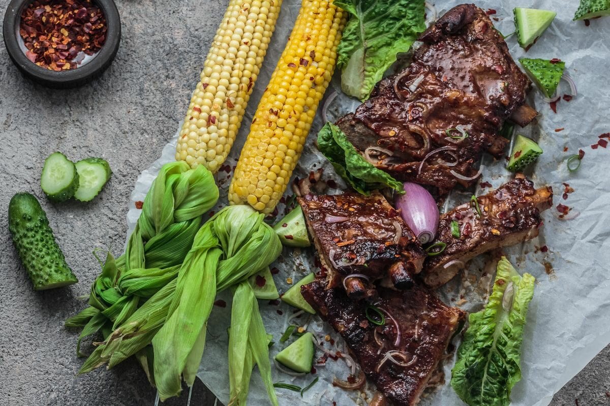 BBQ Pork Spare Ribs with Corn and Veggies