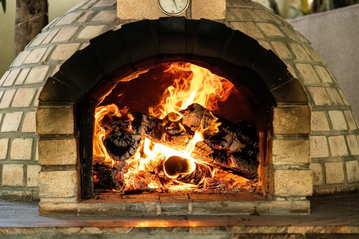 Brick Oven with Fire Burning Inside
