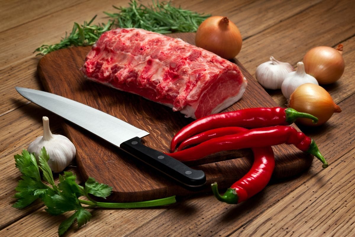 Meat, Knife and Vegetables
