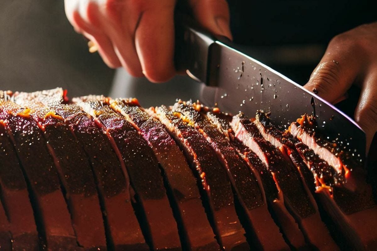 Person Cutting Brisket Using Sharp Knife