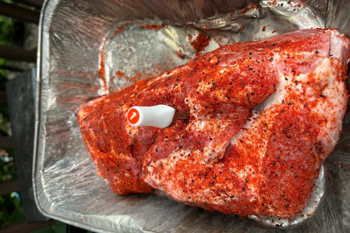 Meat Placed on the Foil Cover with Meat Thermometer