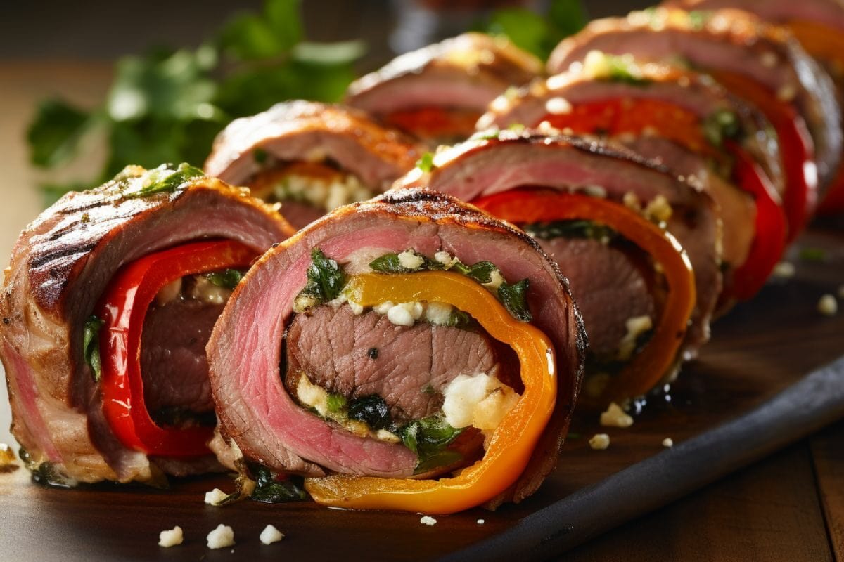 Grilled Steak Pinwheels Filled with Roasted Bell Peppers, Onions, and Garlic, Layered with Parmesan and Provolone Cheese