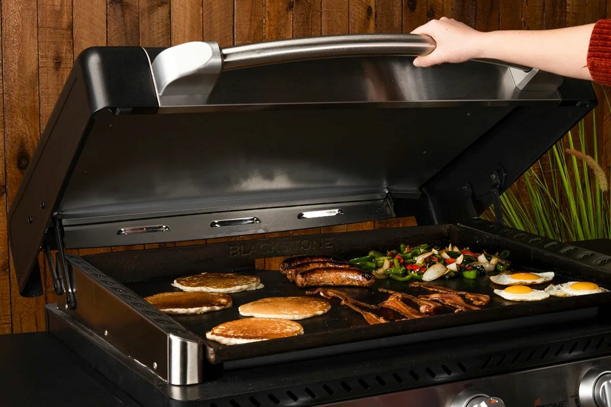 Pancakes, Sausages, and Eggs Grilling on Blackstone Culinary Collection Griddle