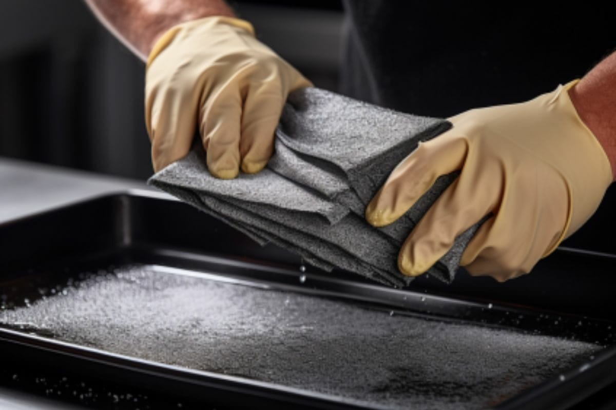 Person Cleaning a Griddle Tray with Piece of Cloth