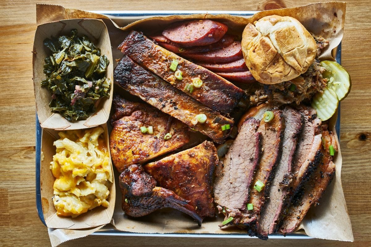 Texas BBQ Style Tray with Smoked Brisket, St Louis Ribs and Other Meats