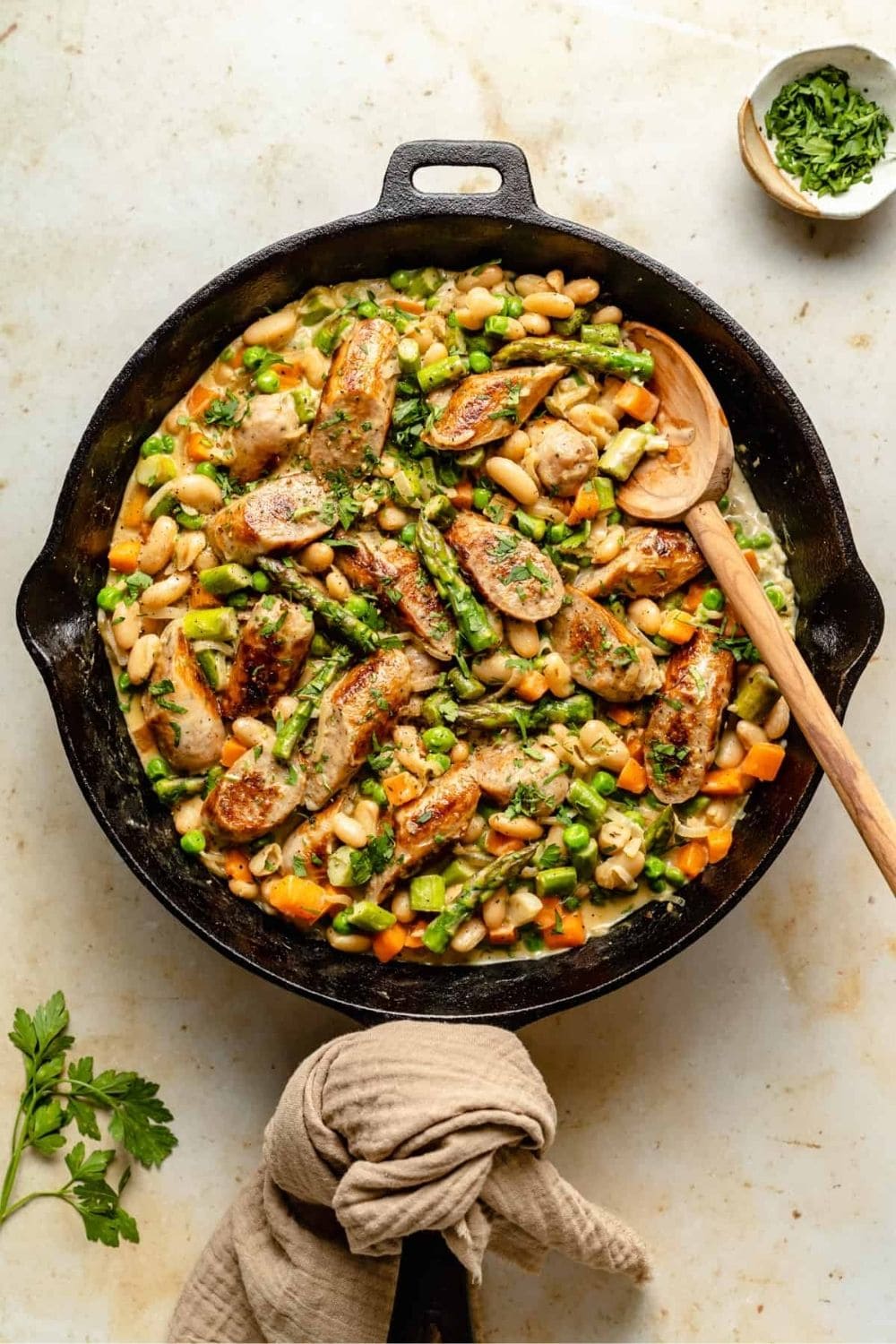 Creamy Chicken Sausage Skillet with Asparagus and Peas